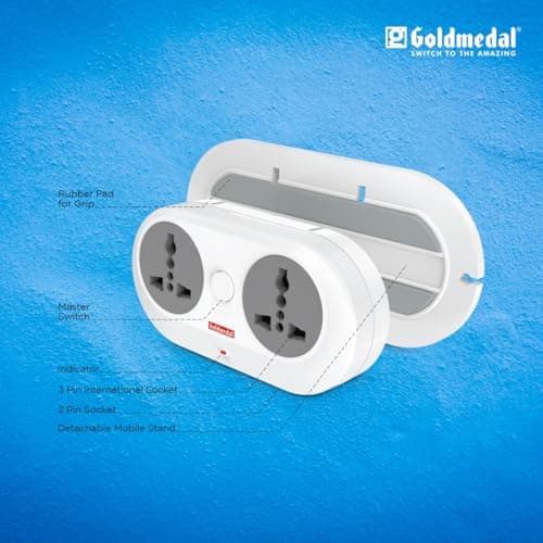 Goldmedal Wall-E-3 Pin Plug Travel Adaptor with Mobile Stand | Universal Sockets | Multiplug for Home & Office Appliances | Supports 2-Pin & 3-Pin Plugs (Pack of 1) - White 6
