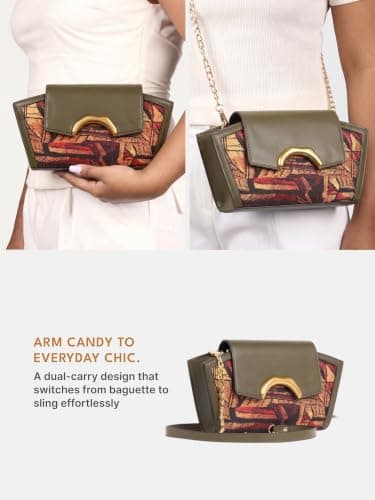ZOUK Women's Zareen Olive Clutch Bag with Detachable Sling Strap | Vegan Leather | Geometric Gold Jewel-toned Print | Wedding, Party, Formal 5