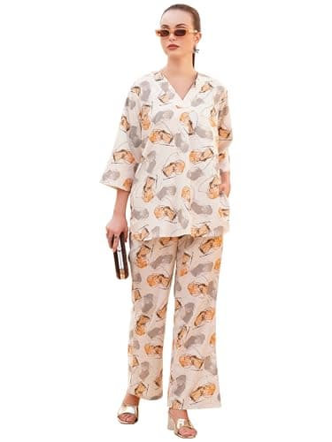 TITTLI Women Floral Printed Co-Ord Set | Cotton Flex Fabric Tunic and Trouser Set | Relaxed Fit Casual Wear Travel Office Wear Comfortable Outfit | L to 3XL Mustard