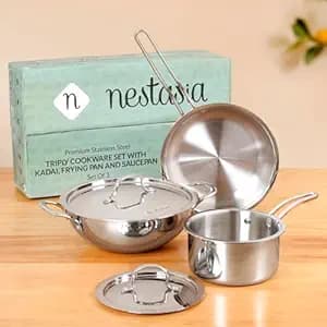 Nestasia Triply Stainless Steel 5 Pc Cookware Set - Fry Pan (22cm/1.5L), Kadai with Lid (24cm/3L) & Saucepan with Lid (16cm/1.5L) | Even Heating, Induction & Gas Stove Friendly
