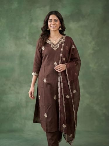 Women's Beautiful Heavy Cotton Blend mbroidered Salwar Suit For Women Readymade Salwar Suit Set Semi-Stitched Top and Duppata For Any Occasion (IN, Alpha, XL, Regular, Womens, Coffee) 4