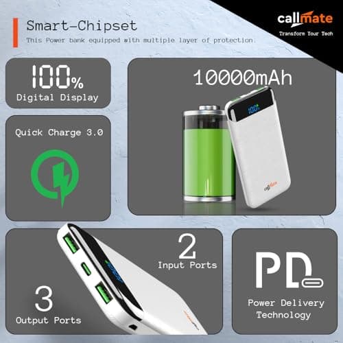 CALLMATE Chargemaster 100 Fast Charing 10000mAh Power Bank, 23W (2X QC3.0 USB Output & Type C PD), Power Delivery, Quick Charge for iPhone, Android & Other Devices (Lithium Polymer) (White) 4