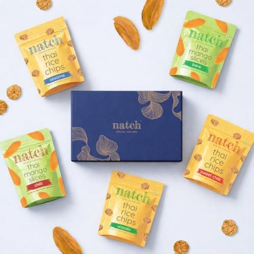 Natch Thai Gourmet Snack Gift Box | Festive Gourmet Hamper with Dried Mango Slices (Bare & Chilli) 60g each and Thai Rice Chips (Sweet Chilli, Sesame & Wasabi)25g each | Premium Healthy Gifting Box fo