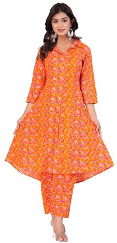 TANISHA Women Co-Ord Set Kurta with Pant Set Outdoor Outfits Wear, 701, (X-Large, Orange)
