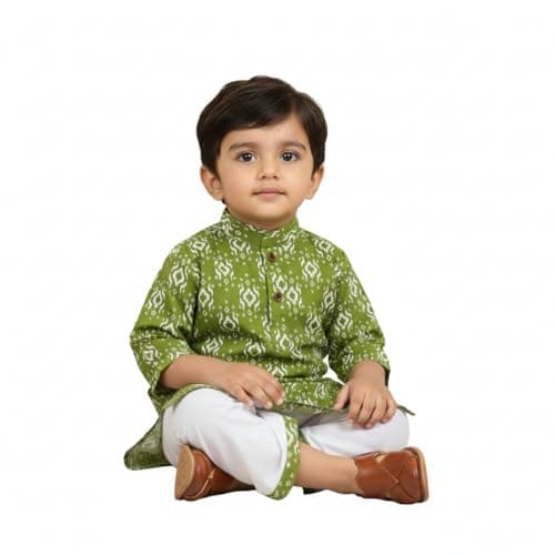 Baby Boy's Ethnic Wear Dhoti Kurta Set - Full Sleeve Printed Kurta with Traditional White Dhoti for 3 months to 4 year Olds | Perfect for Weddings, Festivals & Puja. (Green, 2-3 Years)