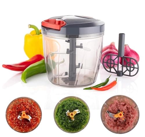 Dori Vegetable Chopper 900ML– Manual Food Chopper with 5 Stainless Steel Blades | Hand Pull Chopper for Onion, Garlic, Nuts, Salad & More | Large Capacity Kitchen Tool (Gray) 2
