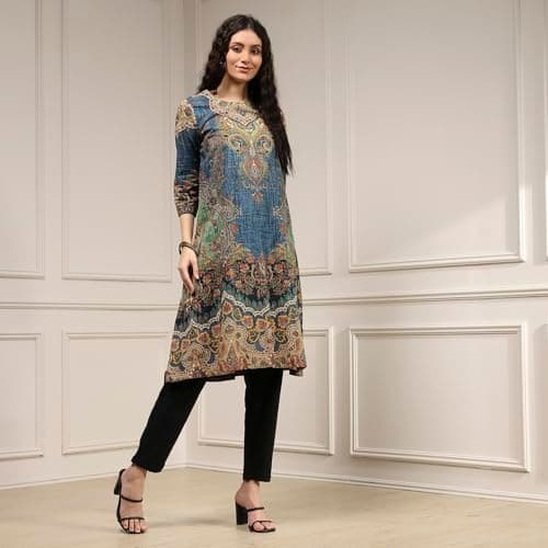 Biba Women Blue Cotton Straight Printed Kurta_40 4