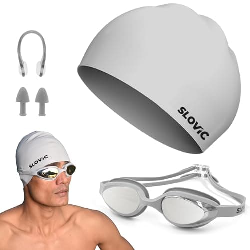 SLOVIC Swimming Goggles & Cap Combo | Anti-Fog Swimming Goggles for Man | Swimming Cap for Men | UV Protected Swimming Goggle for Women with Adjustable Straps | Unisex Swimming Accessories [Grey]