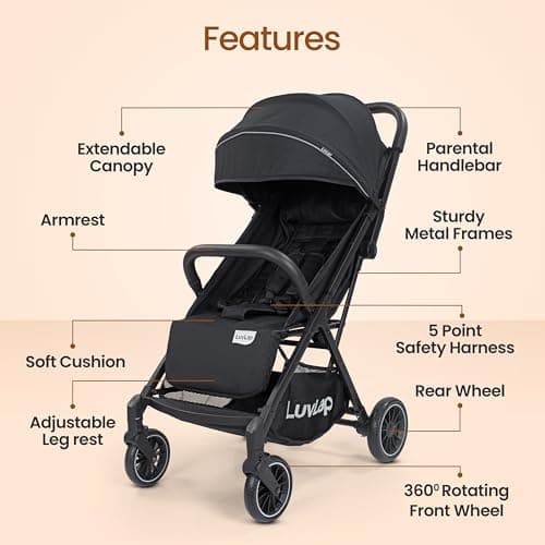 LuvLap Royal Baby Stroller, Pram for 0 to 3 Years with 5 Point Safety Harness, Large Storage Basket, Heavy Duty Wheels, Easy Fold, Extendable Canopy, Multilevel Recline & Adjustable footrest 2