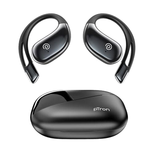 pTron Bassbuds Trendz Open Ear Wireless Earbuds, SafeBeats Design, HD Mics & TruTalk AI-ENC Calls, 45Hrs Playtime, App Support, 14.2mm Drivers, BT6.0 Headphones, Type C Charging & IPX5 (Pearl Black)