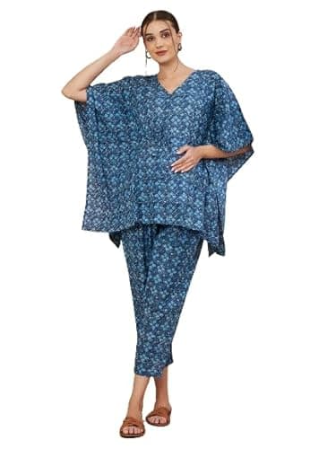 Aaheli Women’s Cotton Printed Maternity Kaftan Top with Pant Set | V-Neck Feeding Friendly Pregnancy Lounge Wear Co-Ord Set | Comfortable Nursing & Home Wear Outfit | Blue