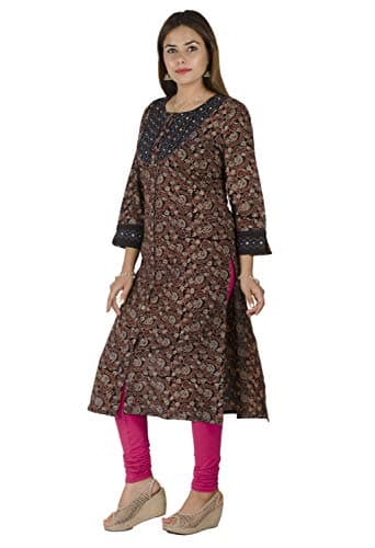 Tribes India Women's Cotton Straight Kurta (1STXWOMRJ05722_A_S_Maroon & Black_Small) 3