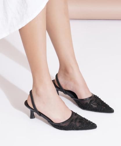 JM LOOKS Luxury Women Beaded Lace Pointed Toe Festive Kitten Heels For Wedding Outfits 5