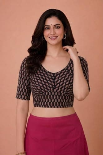 Amazon Brand - Anarva Women's Premium Cotton Leaf Print Strechable Readymade Saree Blouse | U-Neck Ethnic Wear for Festive and Party Look | Katori Cut Pattern (Cup-Blouse-Motif-Black-l) 3
