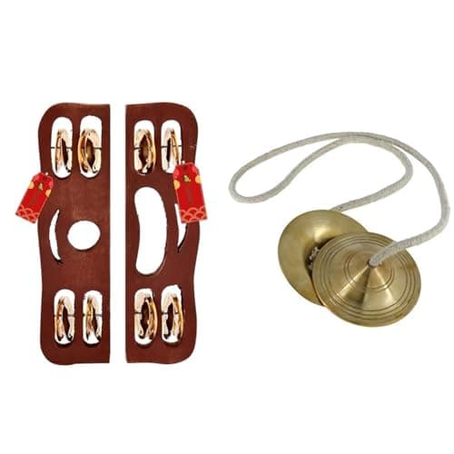 UAPAN wood Narad Muni Kartal for Kirtan I Bhajan Musical Instrument I Pair of 1 & UAPAN Metal Craft Brass Manjeera Traditional Instrument Indian Music hand Cymbal (3 Inches, Pair)