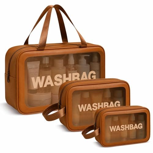 FLYNGO Clear Makeup Pouch Set, Cosmetic Organizer Bag for Women and Girls Travel Waterproof Toiletry Storage Kit (Set of 3 Tan Brown)