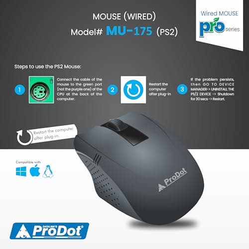 Prodot PS2 Plug & Play Ergonomic Wired Mouse I High Resolution 1000 DPI Optical Sensor I 5M Key Press Life & Clickable Scroll Wheel I 1 Year Warranty I Works with Windows, iOS, Linux (2 PC) 3