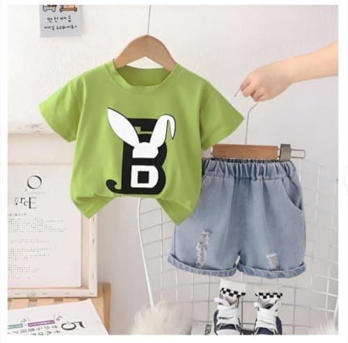 Indhrani Garments Kids Clothes for Boys | Cotton Printed T-shirt and Denim Shorts| Boys Cord Set, Green 3-6 month 3