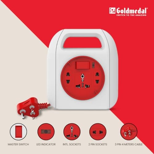 Goldmedal Sliq 3 Pin Plug with 4-Meter Cable Extension Cord | Master Switch & LED Indicator | Universal Socket | Ultra-Smooth Rotation Extension Board for Home and Office 4
