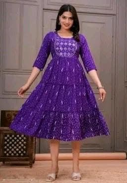 Women's Anarkali Kurti, Floral Printed Pink Tiered Gown with Embroidered Yoke, 3/4 Sleeves (in, Alpha, 2XL, Purple-Kurta) 4
