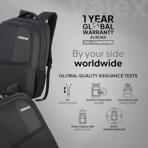 American Tourister Valex | 28L Backpack | 17" Laptop Bag | 2 Compartments | College & Office Backpack for Men and Women | Black | 1 Year Global Warranty 6