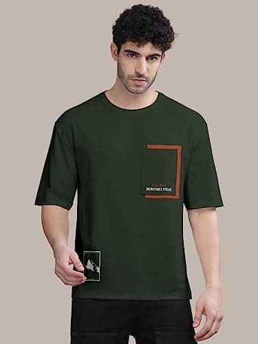 BULLMER Trendy Front Printed Oversized Round Neck T-Shirt for Men - Olive/Large 4
