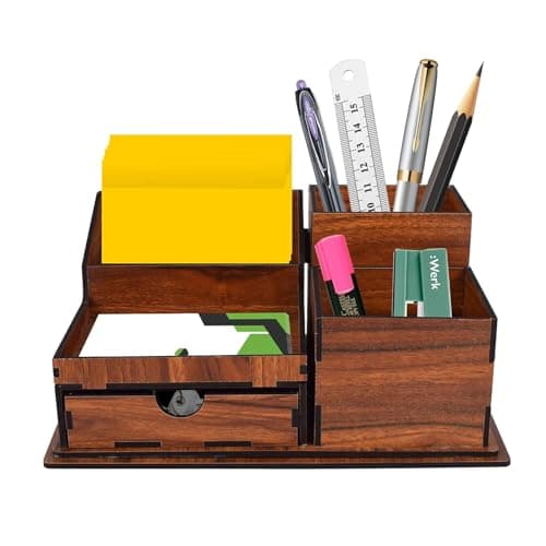 LULELA Wooden Office Desk Organiser and Accessories, Multi-Functional Stationary Supplies Desktop Organizer Set, Small Wood Desk Organization, Easy Assembly Table Organiser (Brown, Big) 2