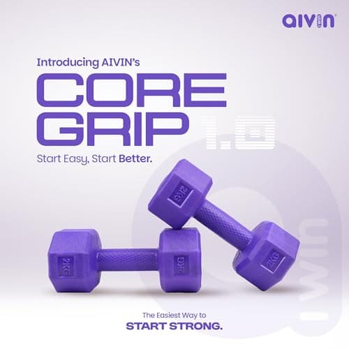 AIVIN Coregrip 1.0 PVC Dumbbells I Set of 2 (2kg Each) I Hexagonal No-Roll Design with Easy-Grip Coating I Professional Home Gym Equipment for Strength Training, Pilates & Aerobics (Purple) 2