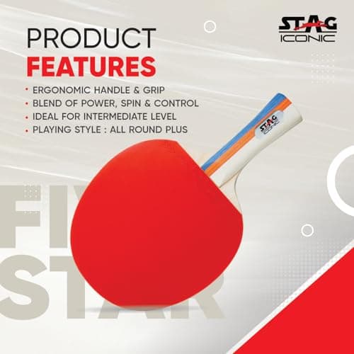 STAG ICONIC 5 Star Table Tennis Racquet | ITTF Approved Rubber | Speed 75 Spin 75 Control 90 | Flared Handle | 6 Ply Wooden Blade | Professional TT Bat for Intermediate Players 4