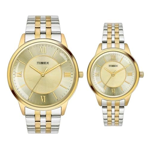 TIMEX Analog Watch for Couple with Champagne Round Dial & Two Tone Stainless Steel Bracelet Band Water Resistant Pair's Wrist Watches - TW00PR333