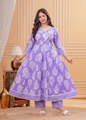GEKHA Women Pure Cotton Printed Anarkali Kurta Set Purple, XL 5