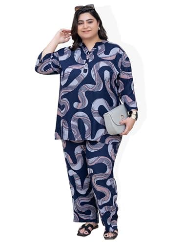 TITTLI Women's Plus Size Rayon Digital Printed Co-Ord Set | Tunic and Trouser |Mandrin Collar 3/4 Sleeve with Tunic |Two Pockets and Elascited Waistband with Trouser| 3XL to 8XL Navy Blue