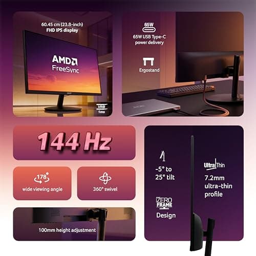 Acer SH242Y P1 23.8 Inch FHD IPS Gaming Monitor I 144Hz Refresh Rate I 1ms VRB I USB Type-C 65W PD I AMD FreeSync I Ultra Slim Design I ErgoStand I HDMI I Built-in Speakers I VisionCare Technology 3