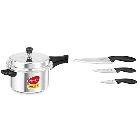 Pigeon by Stovekraft Favourite Induction Base Aluminium Pressure Cooker with Outer Lid, 5 litres, SIL & Stainless Steel Kitchen Knives Set, 3-Pieces, Multicolour Combo