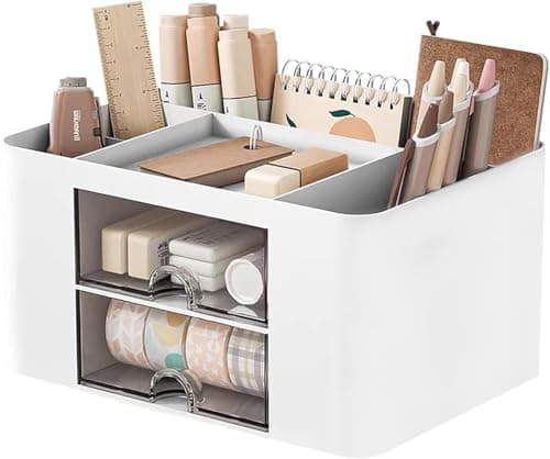 UCRAVO Multi-Functional Desk Organiser with 5 Compartments and 2 Drawer Desktop Office Supplies Stationery Storage Box Cosmetic Organizer for Ballpoint Pens Staplers Clips Sticky Notes - White
