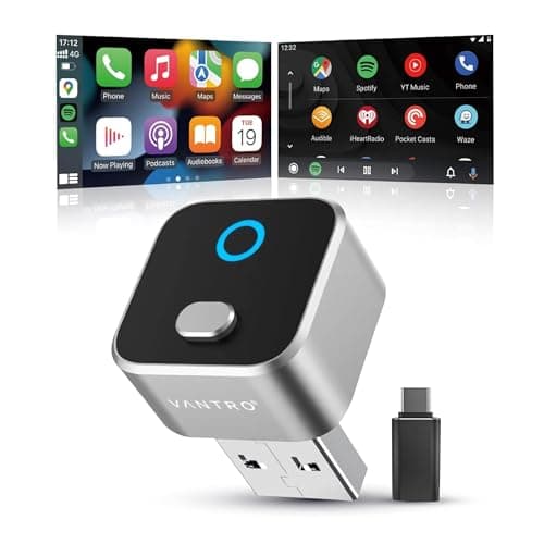 VANTRO Wireless CarPlay & Android Auto Adapter 2-in-1 – One-Click Disconnect, Convert Wired to Wireless, Fast Auto Reconnect, Plug & Play USB Dongle, Compatible with iPhone iOS & Android Cars