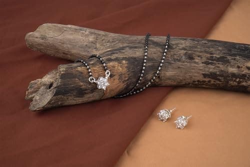 JFL - Jewellery for Less Traditional Ethnic Silver Plated Cz American Diamond Flower Shape Pendant Mangalsutra Set for Women.(Small),Valentine 2