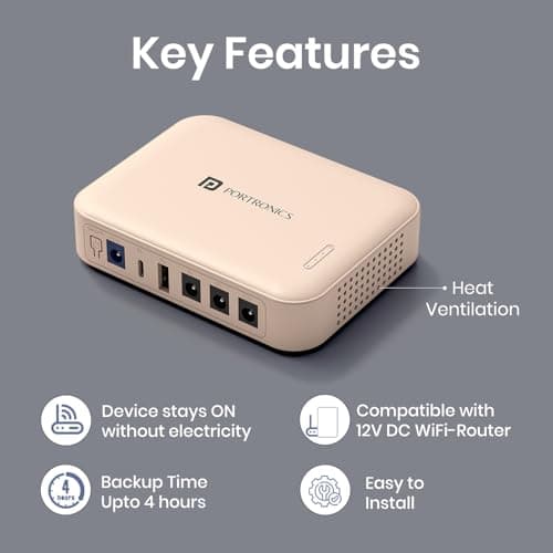 Portronics Kinectic 8K Mini UPS for WiFi Router Broadband Modem 12V Router UPS up to 2A, 5 Hours Playback, 2 x 4000mAh Battery, Type C/USB-A/DC Pin Output Ports, UPS Power Backup During Power Cuts 5