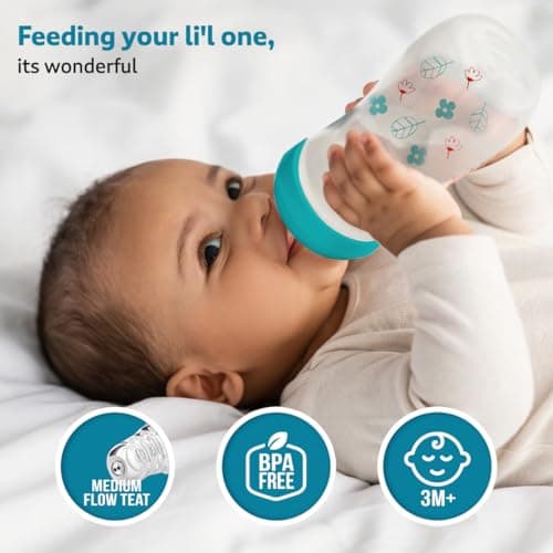 LuvLap Baby Essential Slim Neck Plastic Feeding Bottle, 125Ml, Flower & Jungle, with anti Colic Nipple, New Born / Infants / Toddler upto 3 years, BPA Free, Pack of 2, Blue Green 2