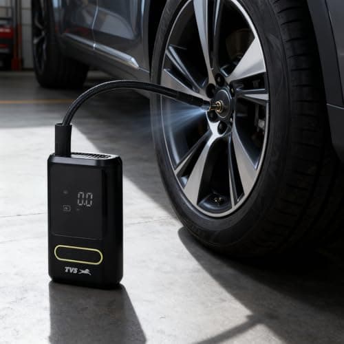TVS Portable Tyre Air Inflator 150 PSI – Digital Meter, LED Light, Multi-Nozzle, Multi-Mode, Rechargeable 2000 * 2 mAh Battery Air Pump for Car and Bike 2