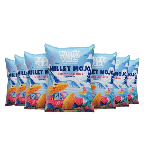 Yummy Valley Millet Mojo Tomato Chilli Bites – Pack of 8 Healthy Snacks For Kids and Adults – Palm Oil Free, Baked Gluten Free Snacks – No Additives