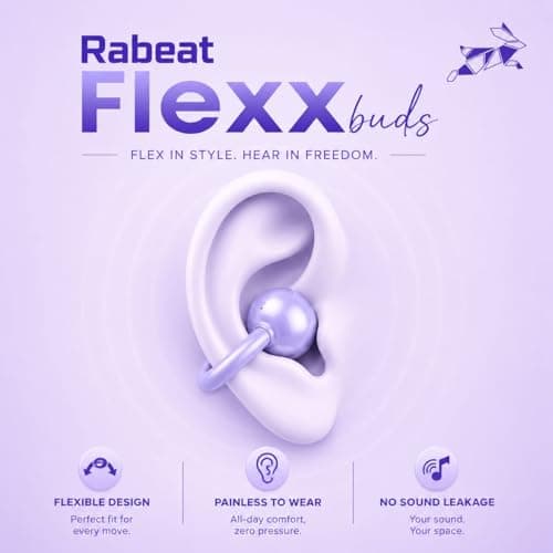Rabeat Flexx Air Buds OWS Earbuds with Clip-On Fit, Air Conduction Tech, 50HRS Battery, 4Mics ENx, Dual EQ Modes, 10mm Drivers, 40ms Latency, Bluetooth Wireless Earphones, Cool Purple 2