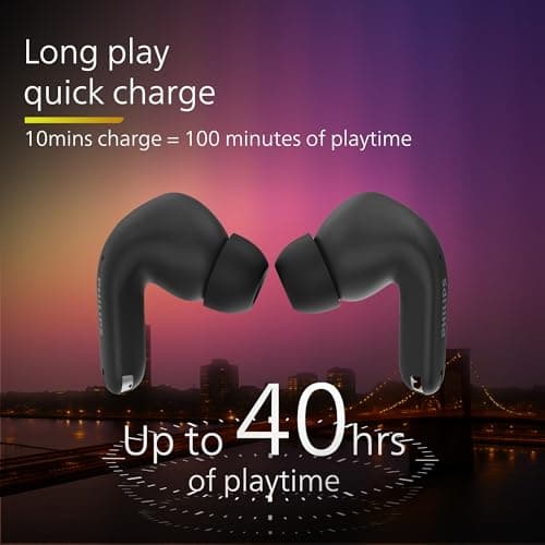 Philips TAT1269 Bluetooth Truly Wireless in Ear Earbuds with mic, 13mm Drivers, Bluetooth 5.4, 40H Playtime, IPX5, Fast Charging, Touch Controls, Voice Assistant, Mono Mode, LED Indicator (Deep Black) 5
