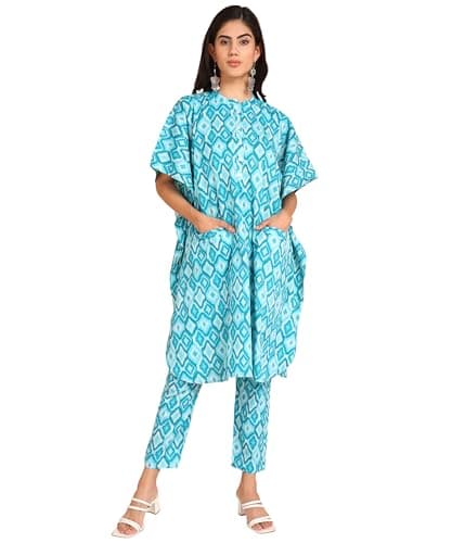 BLOCKS OF INDIA Coords Set in Pure Cotton Kaftan Style Hand Block Print Co Ord Set for Women (X-Large, KAFTAAN Green)