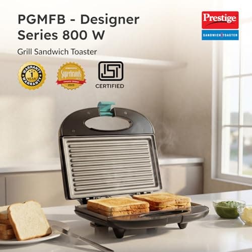 Prestige PGMFB (D) 800W Sandwich Toaster with die cast aluminium grill plates|Power indicators|Non-stick coating|Black|1 year warranty 2
