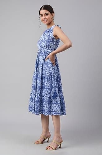 Janasya Women's Blue Pure Cotton Floral Printed Tiered Dress (JAA26DR04599-JA-L) 3