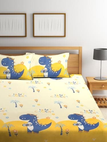 Home Sizzler 210TC Microfibre Playful Dinosaur Elastic Fitted Double Bedsheet (72X78 Inch) with 2 King Size Pillow Covers 3