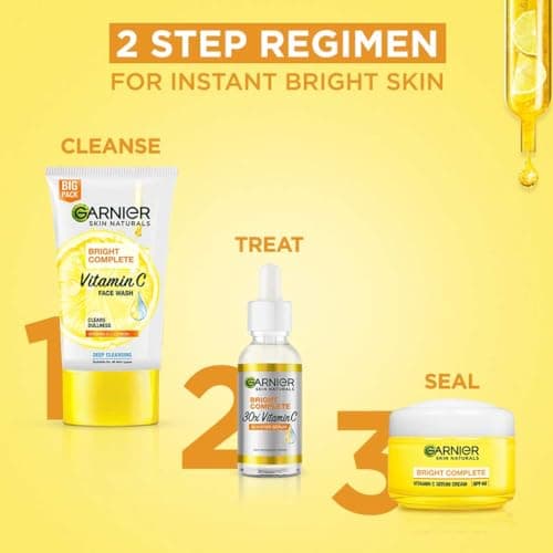 Garnier Bright Complete Vitamin C Brightening Regime Kit for Skincare | Cleanse, Treat and Seal | Reduces Dark Spots, Face Wash + Serum + SPF 40 Serum Cream, for all skin types, For Men and Women 4