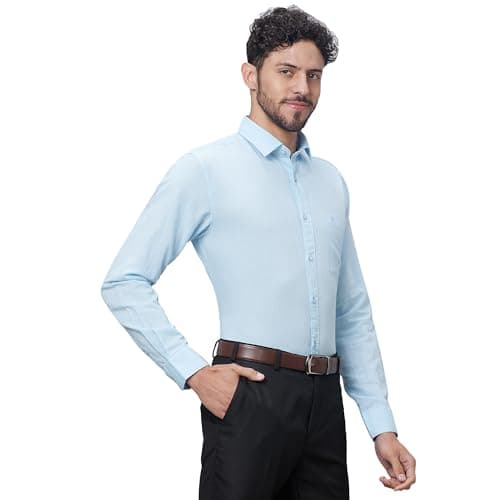 Raymond Men's Slim Fit Cotton Linen Blend Full Sleeve Regular Collar Solid Pattern Light Blue Casual Shirt (Size: 39)-RCSQ01838-B1 2