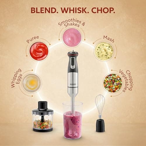 AGARO Grand 1000 Watts Hand Blender With Chopper, Jar & Whisker, 2 Variable Speed Modes & Speed Regulator, Stainless Steel Blades(Black) 4